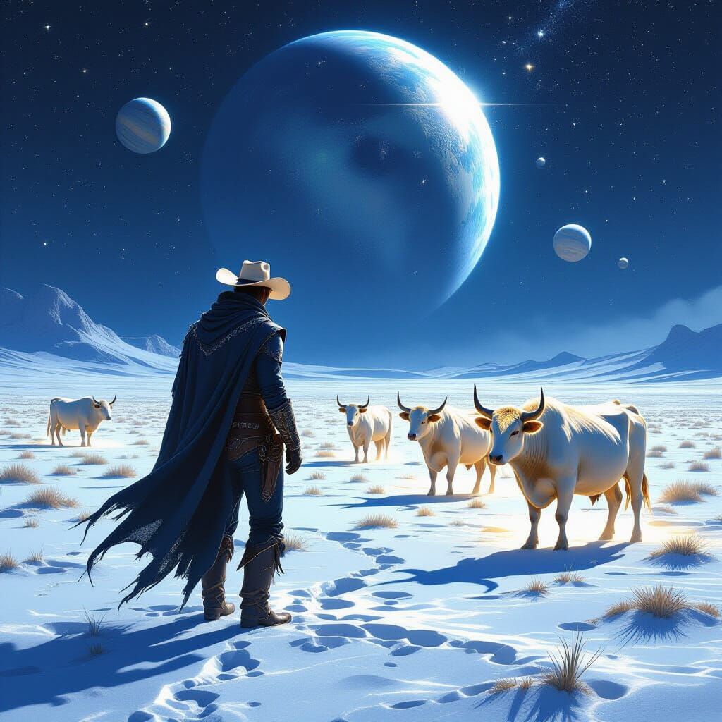 Cosmic Cowboy Tends Stardust Cattle on Moon