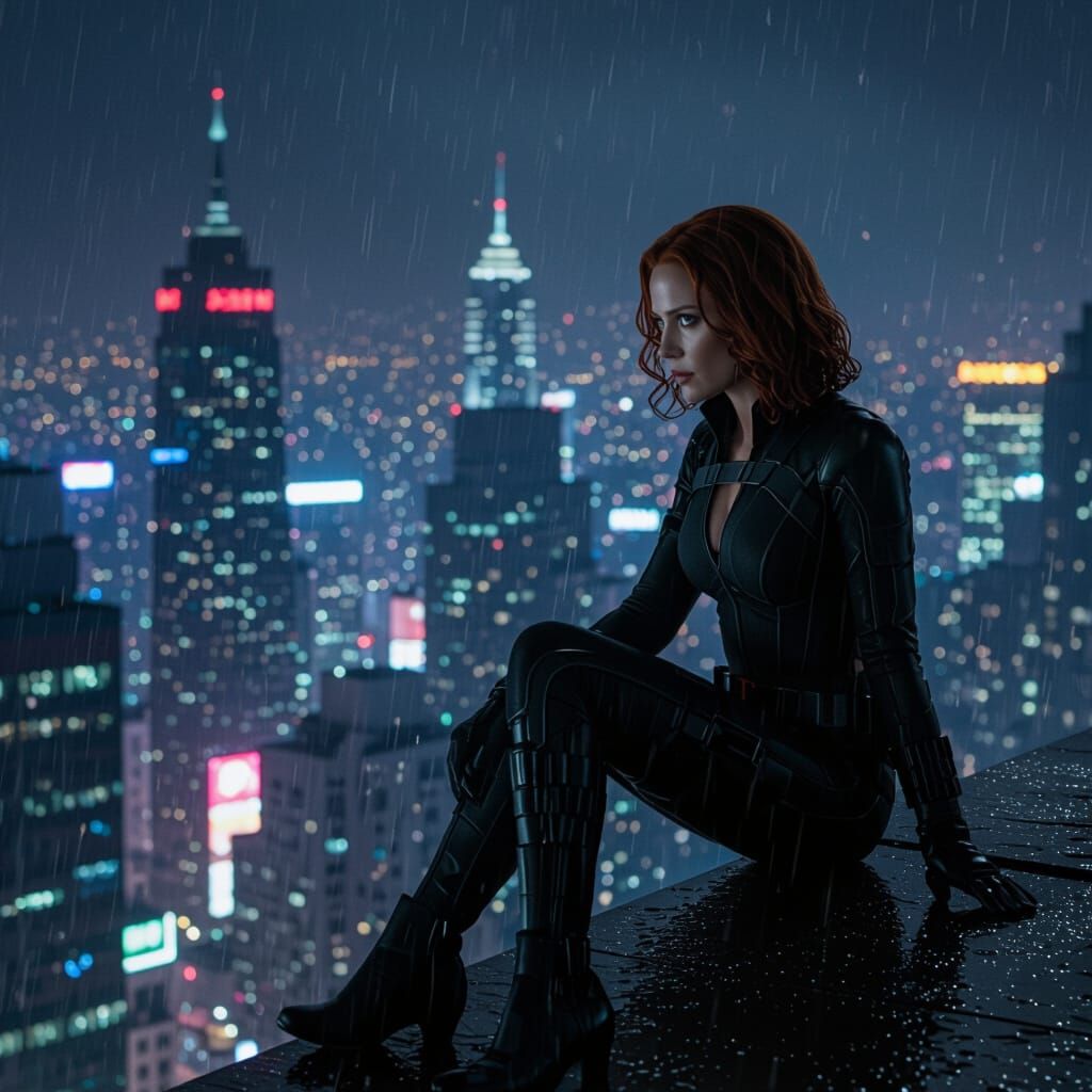 Natasha Romanoff on City Ledge in Cinematic Style