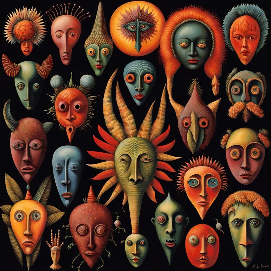 Surreal Dreamscape with Tribal Masks and Fungal Textures