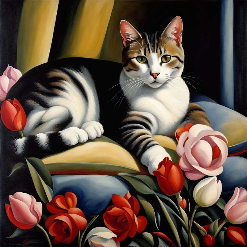 Cute Cat Surrounded by Flowers in Art Deco Style