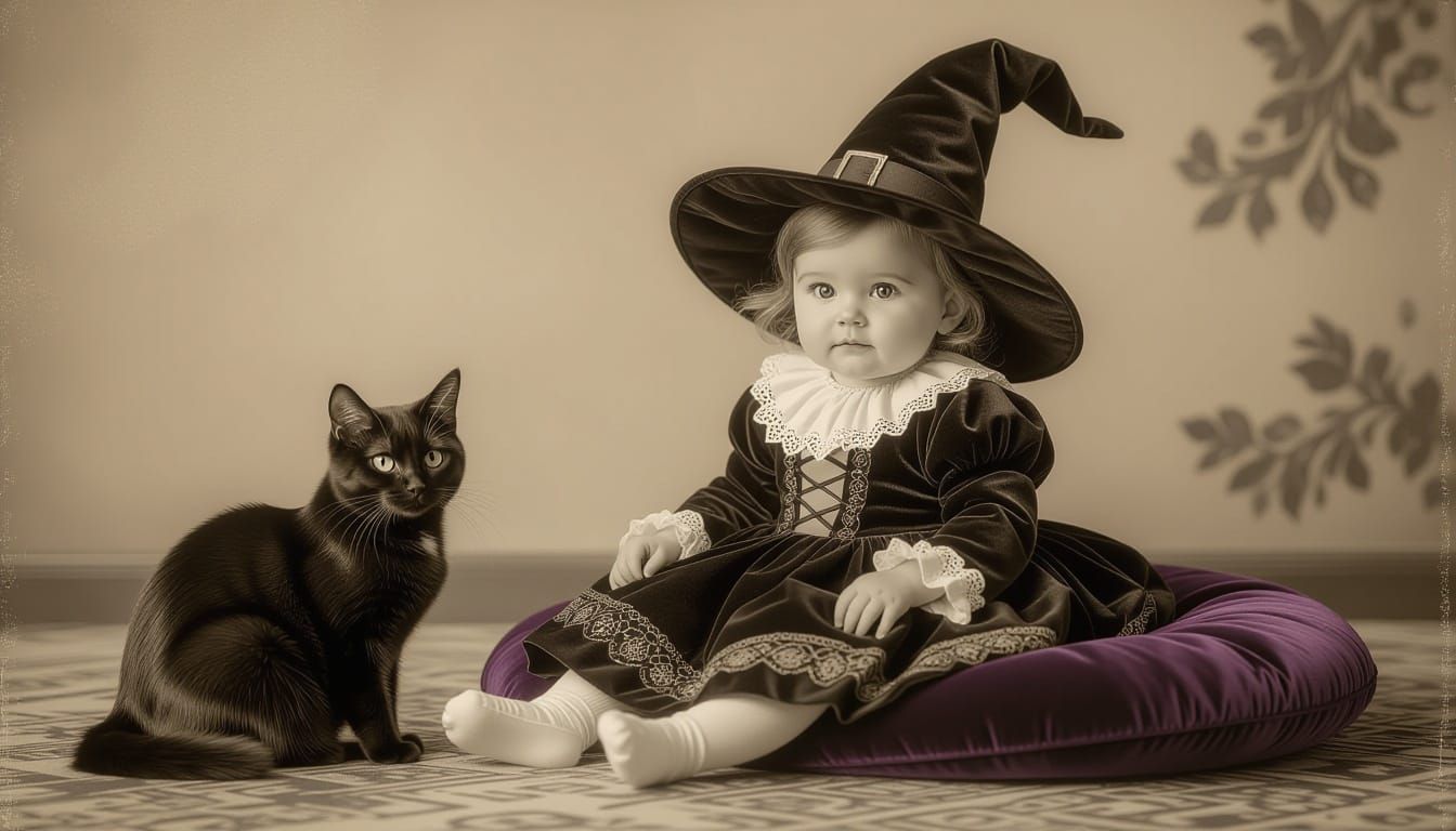 Cute Baby Witch with Black Cat in Golden Light