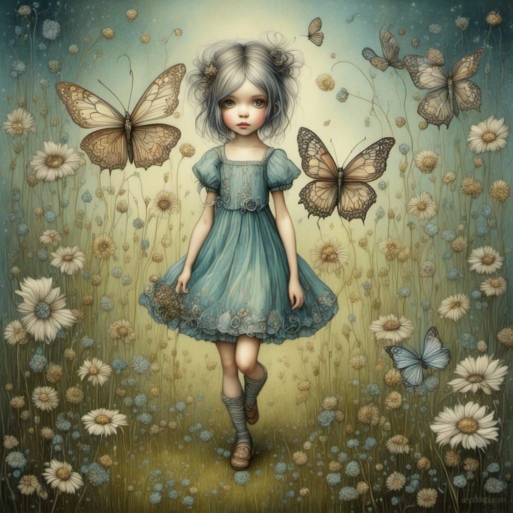 Surreal Girl and Butterfly in Psychedelic Meadow