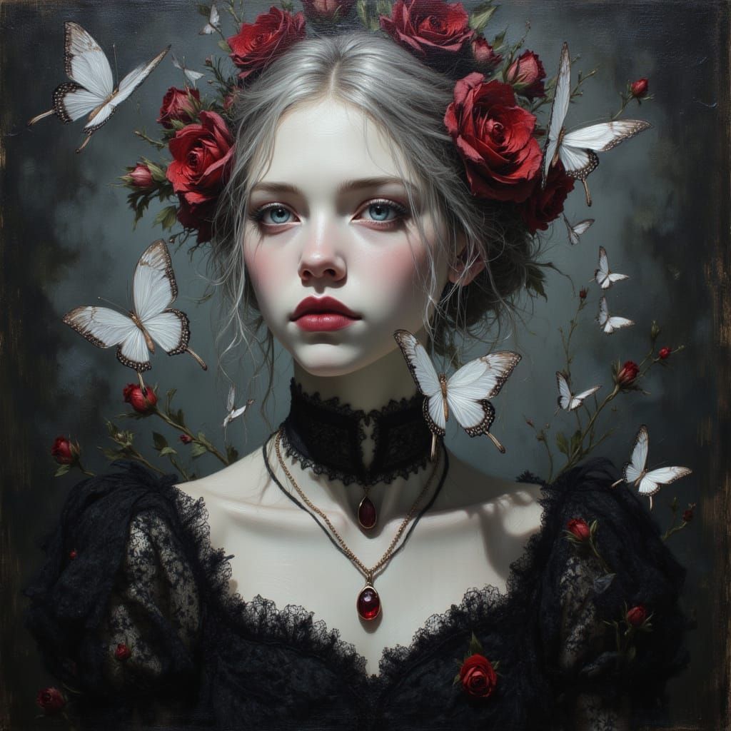 Gothic Vampiress Portrait with Roses, Impasto Oil Painting