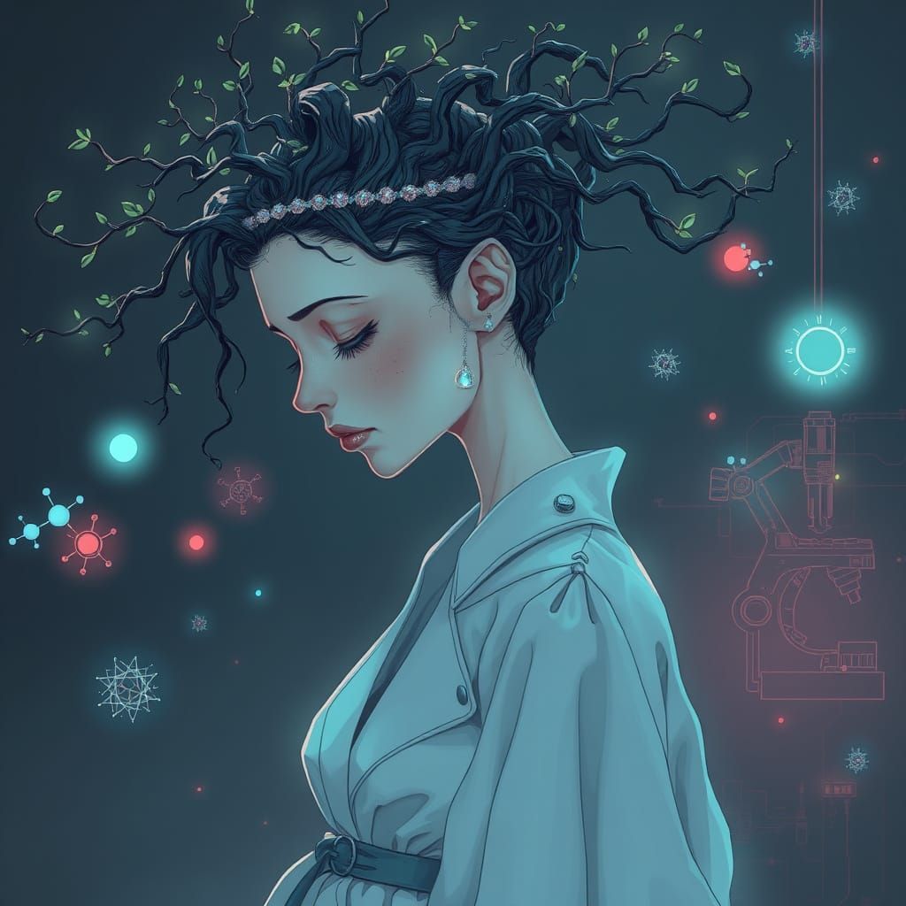 Cyberpunk Goddess in Profile, Shrouded in Gnarled Roots and ...