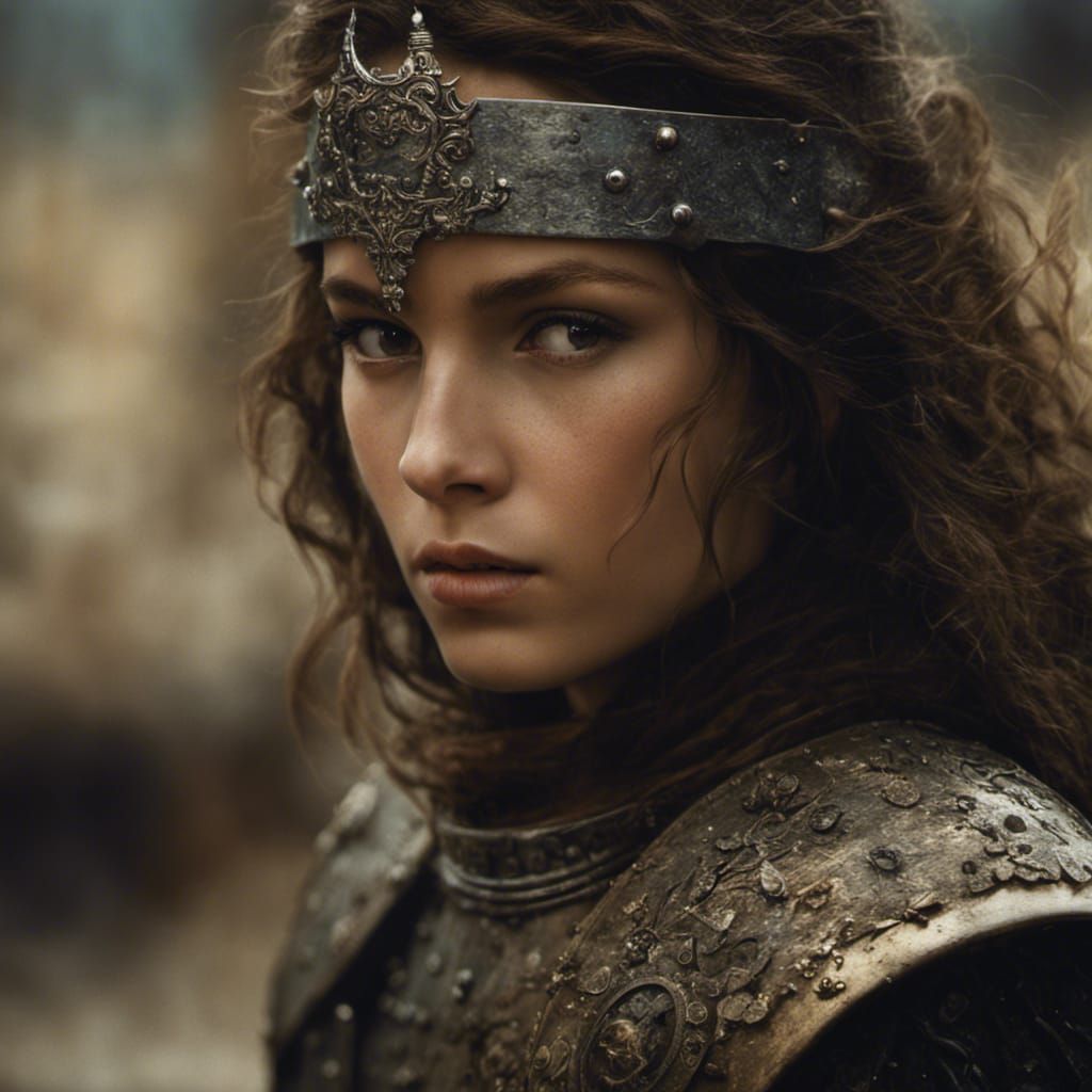 Italian Girl Portrait in Battered Armor: Hyperrealistic Phot...