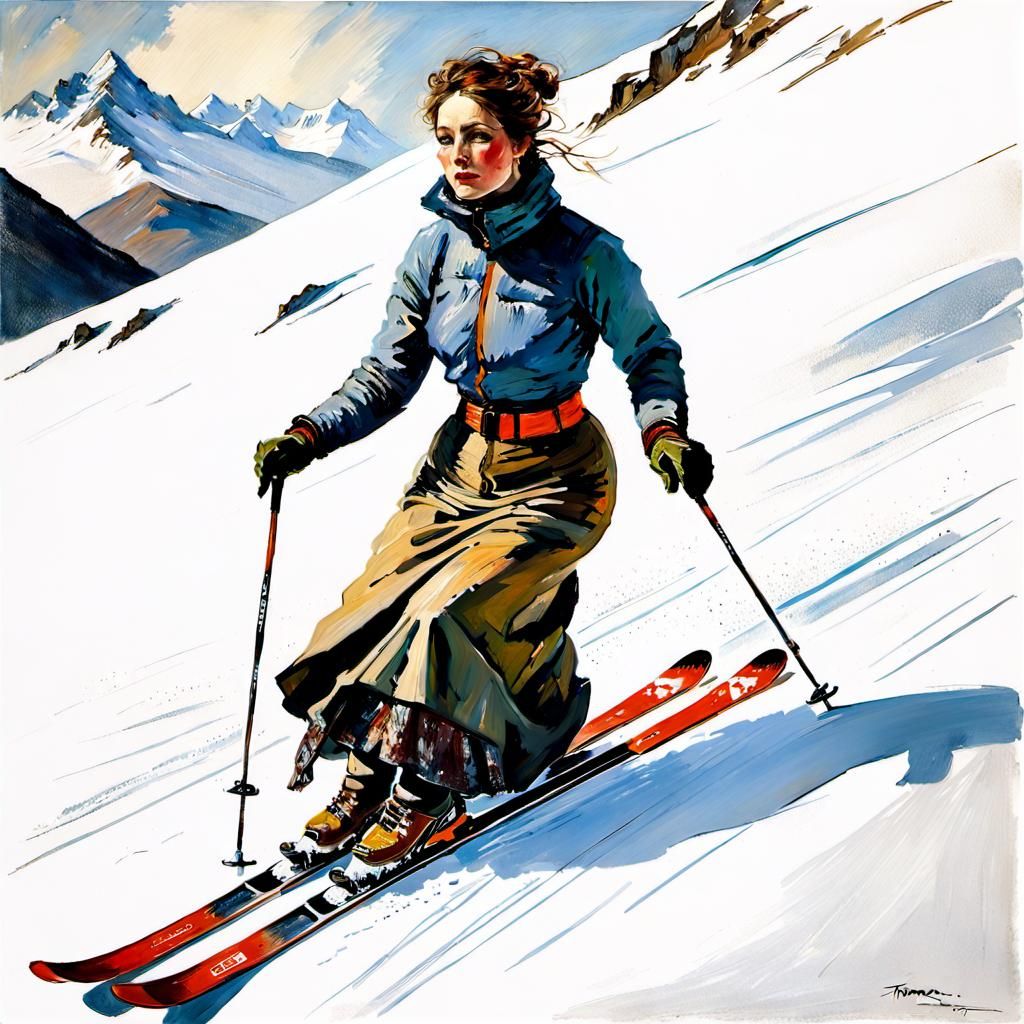 Woman Skiing in 1910s Fashion, Vintage Painting Style