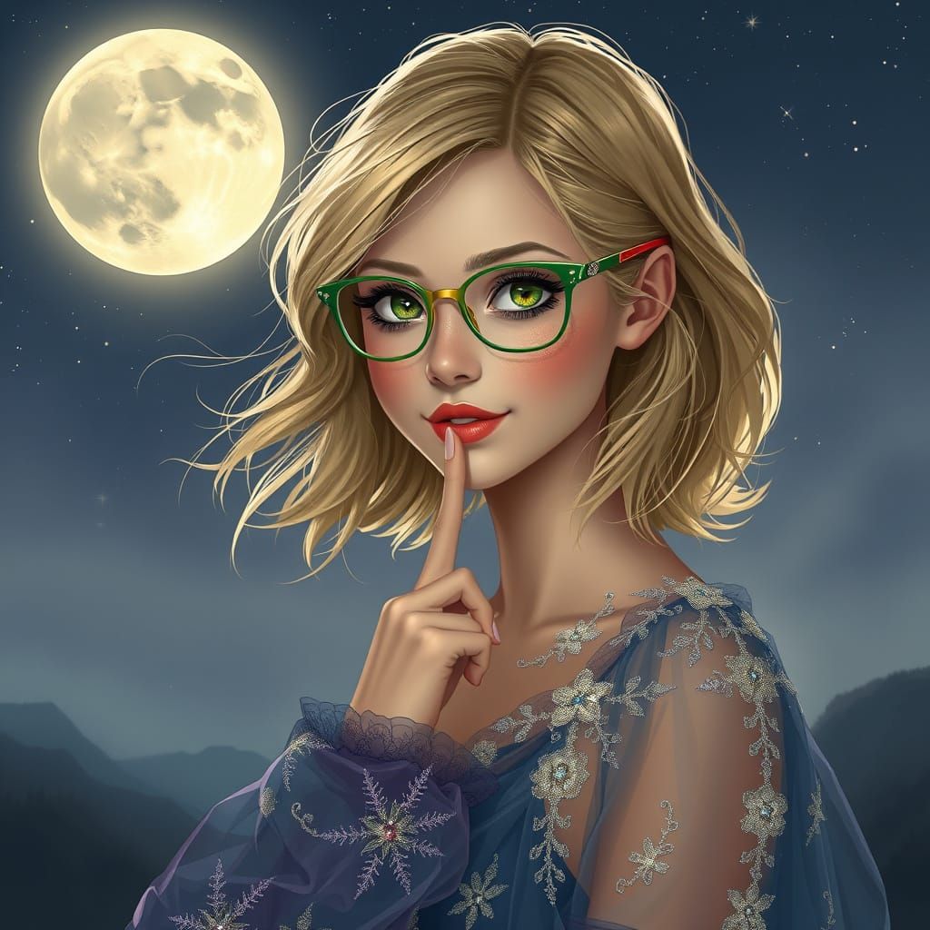 Ethereal Lunar Goddess with Emerald Glasses