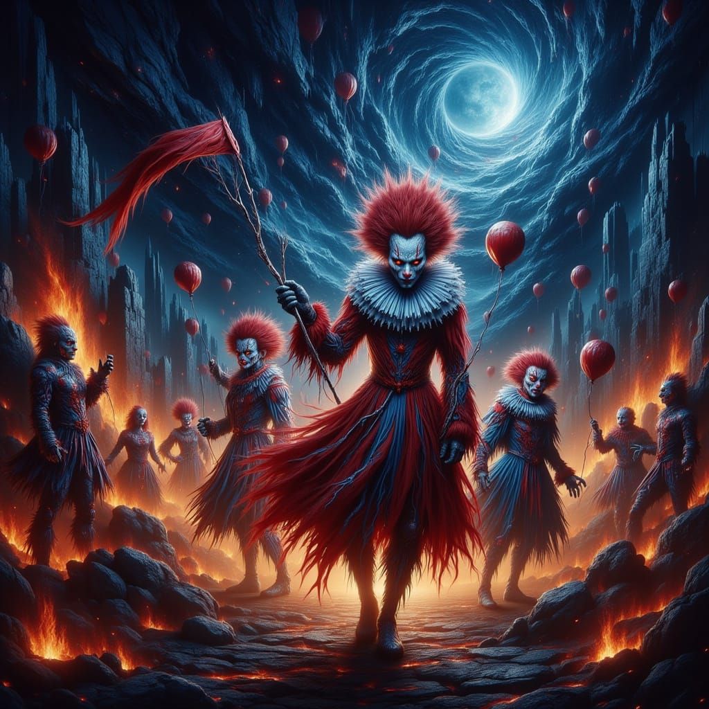 Surreal Fire Clowns in Starry Night Sky