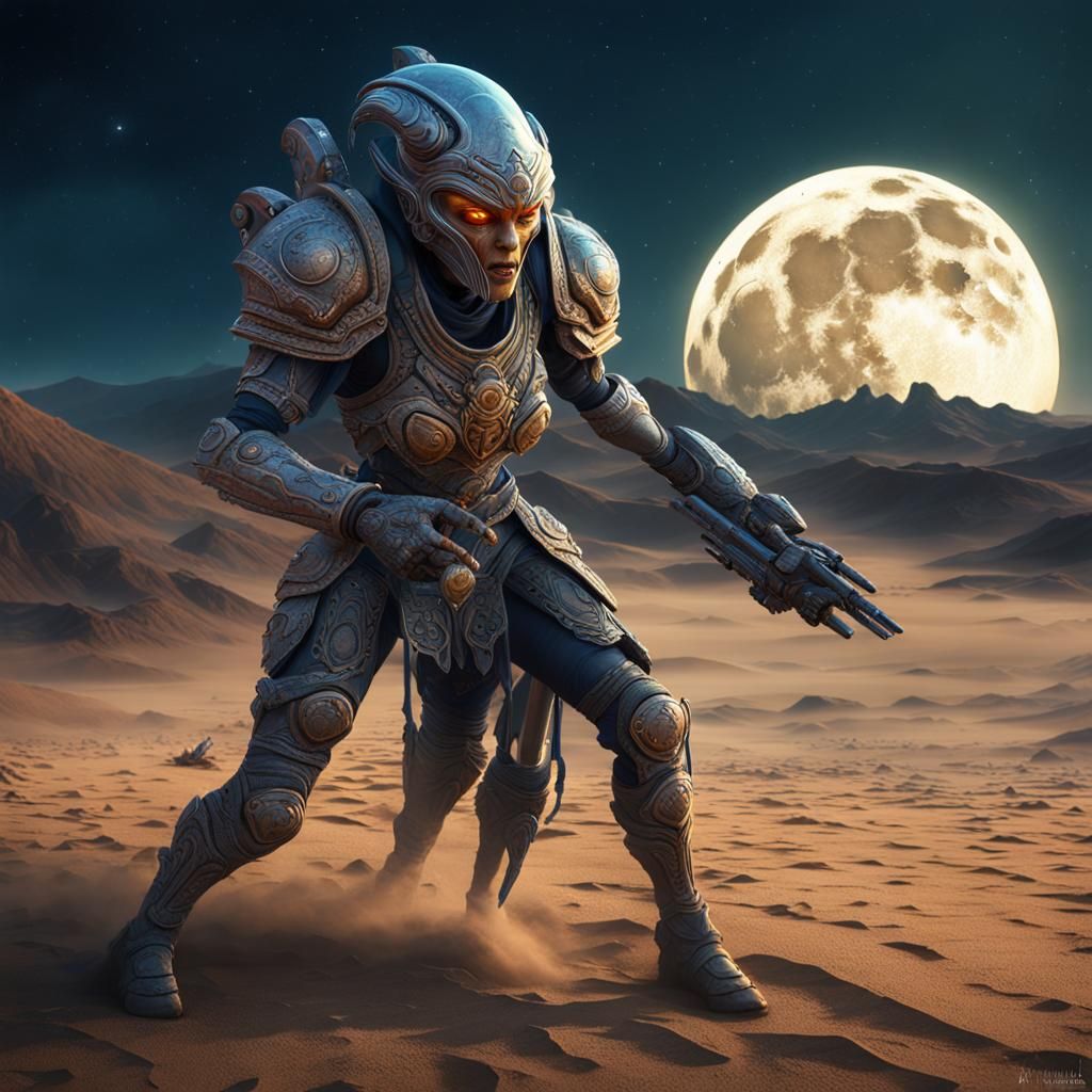 Alien Warrior Under Gobi Moon: Detailed Matte Painting