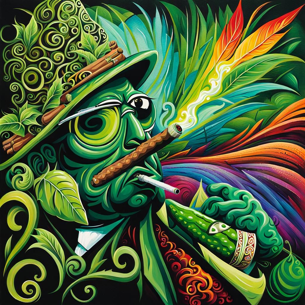 Cucumber Mobster Smoking Cigar in Impressionist Oil Style