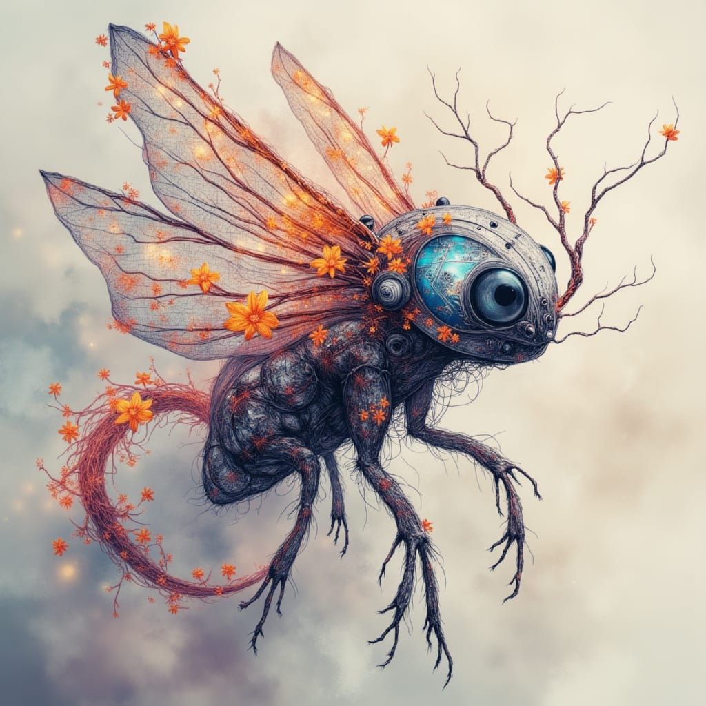 Surreal Circuit Board Creature in Vibrant Botanical Ink Wash...