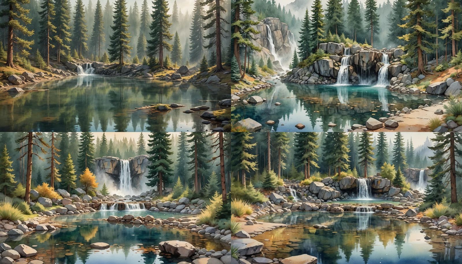 Serene Mountain Pond in Dreamy Watercolor Style