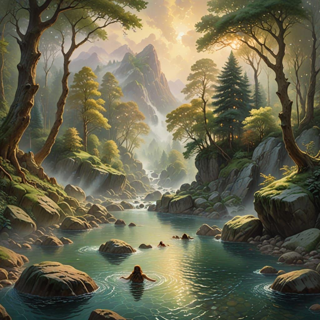 Neanderthal Women in Fantasy River Landscape