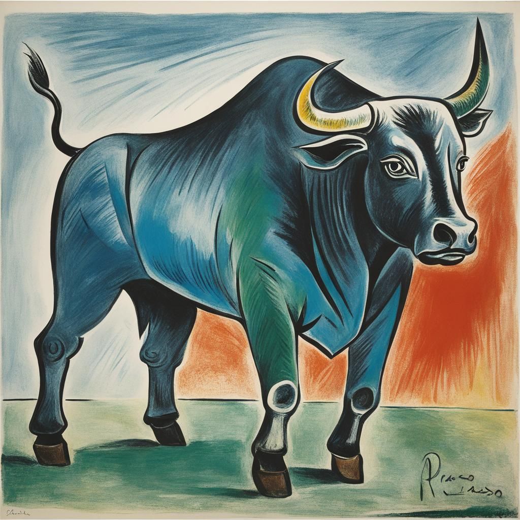 Cubist Bull Lithograph with Dramatic Lighting