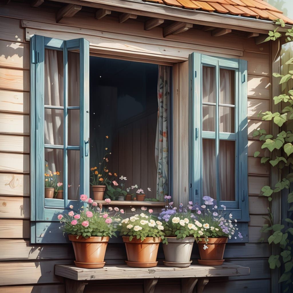 Cozy Wooden House Window Scene in Watercolor Style