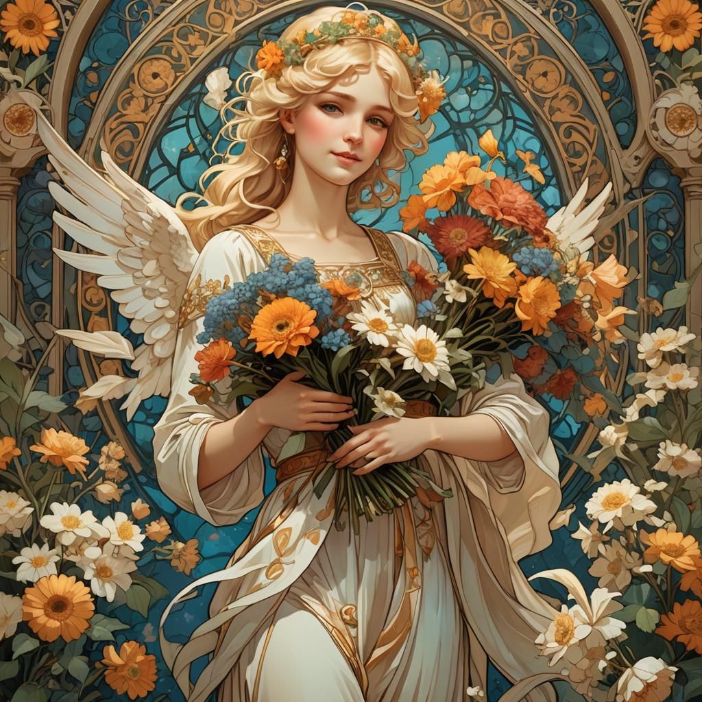 Smiling Blond Angel with Bouquet in Art Nouveau Style