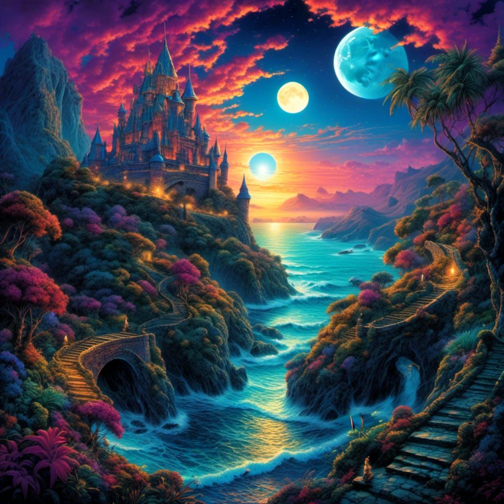 Dragon on Castle in Exotic Fantasy Landscape