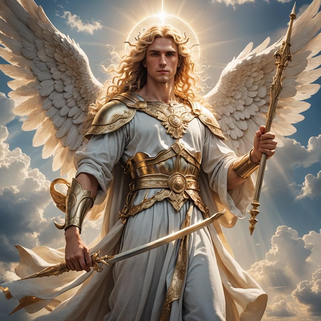 Male Angel with Spear of Justice in Heaven