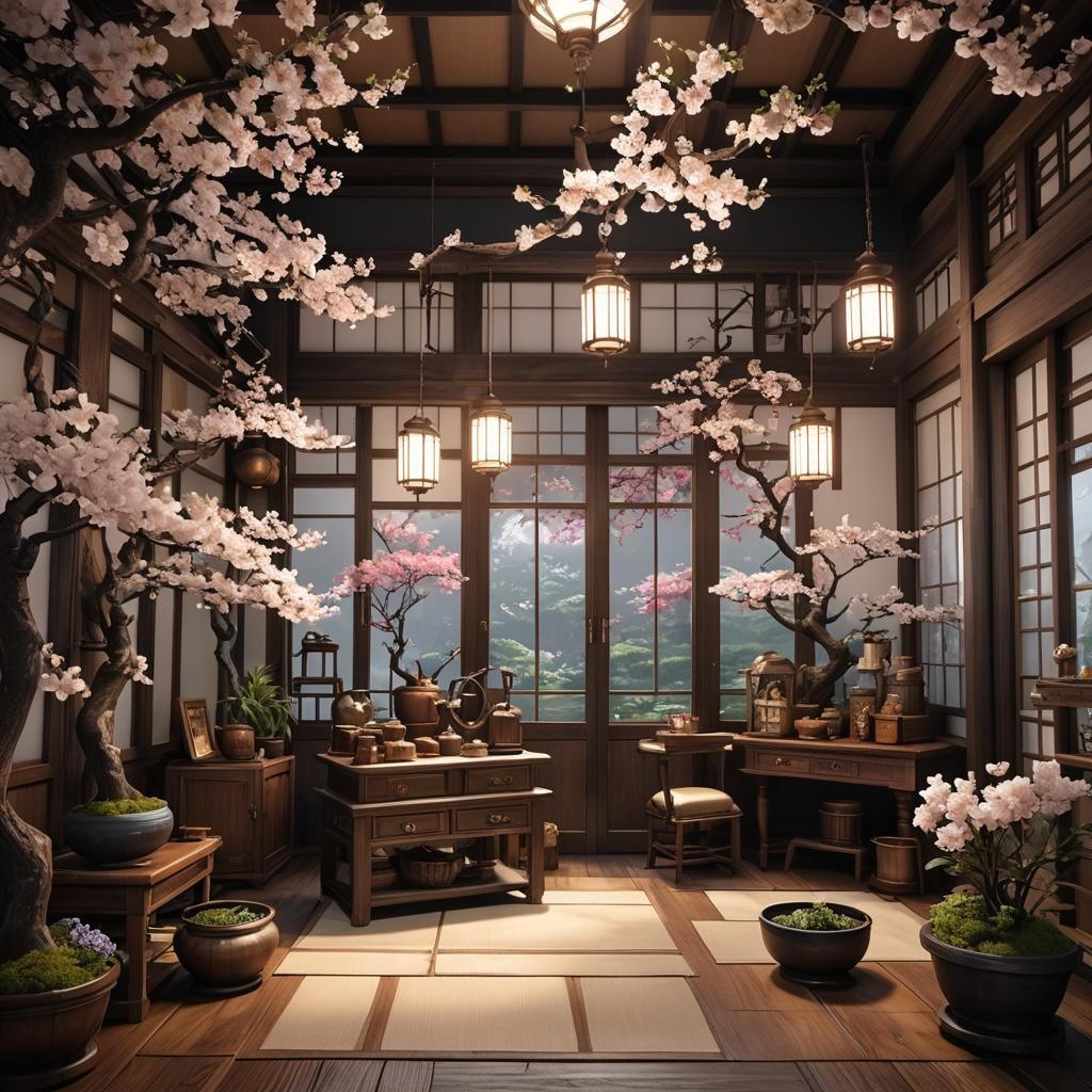 Japanese Style Leather Atelier with Bonsai and Sakura