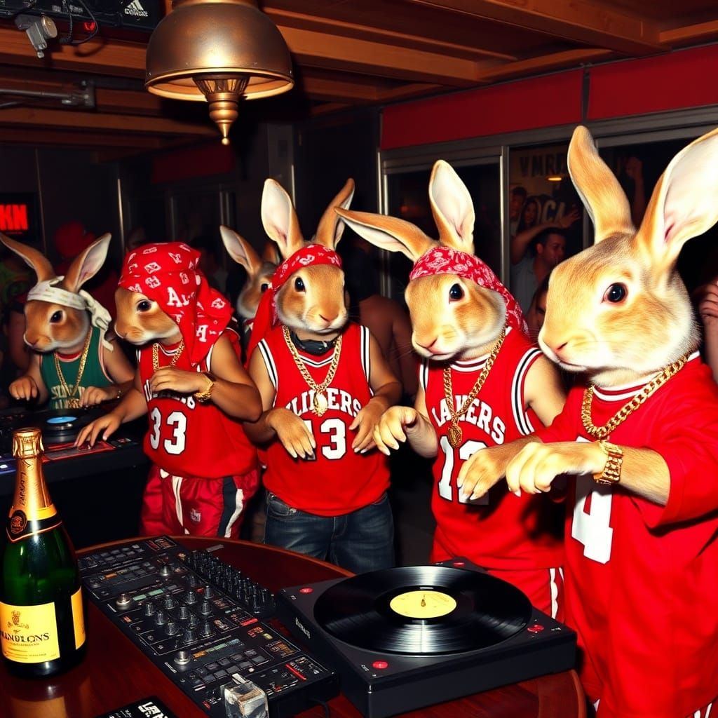 Rabbits Dancing in Nightclub with Early 2000s Hip-Hop Style