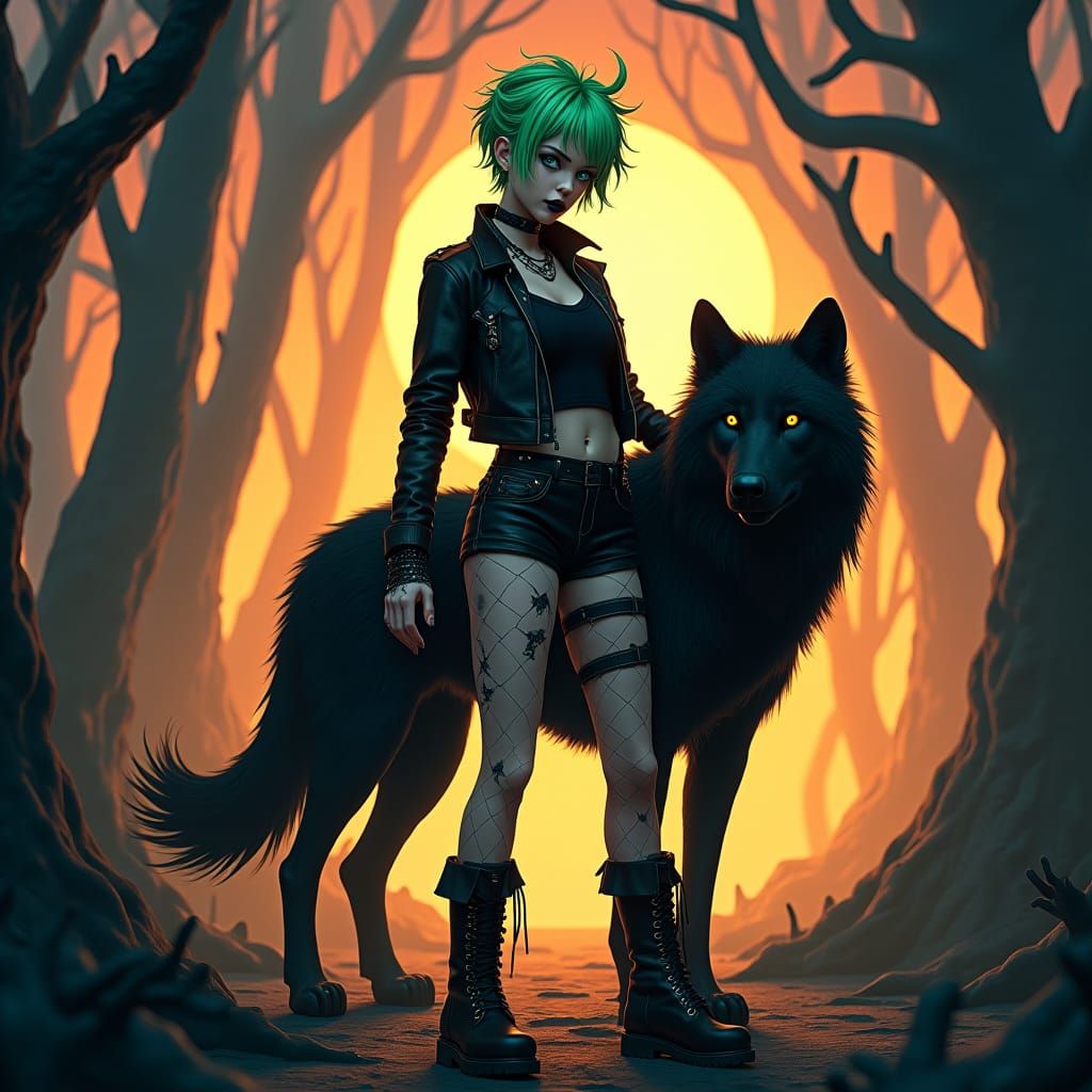 Gothic Punk Woman and Wolf in Starry Forest, Anime Art