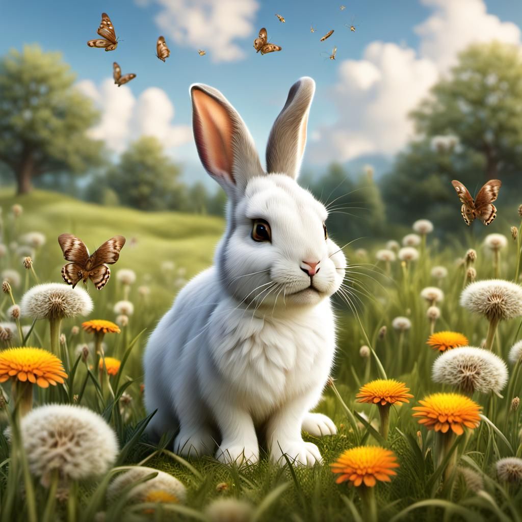 White Rabbit in Meadow: Fantasy Concept Art