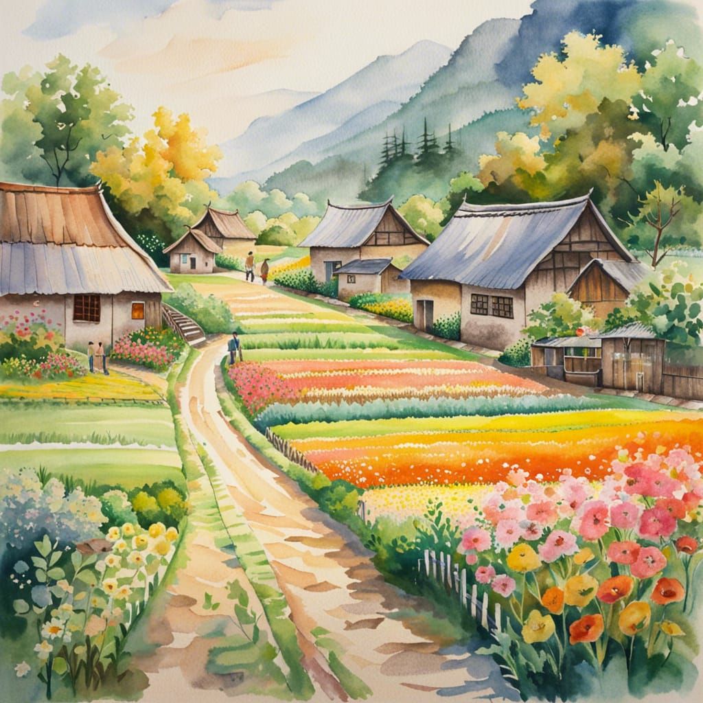 Peaceful Rural Village in Pastel Watercolor