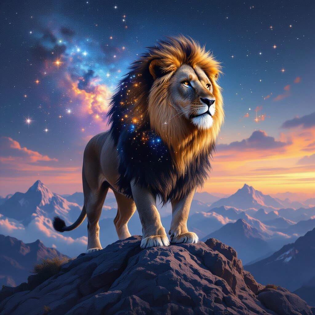 Celestial Lion Overlooking Galaxy in Hyperrealistic Style