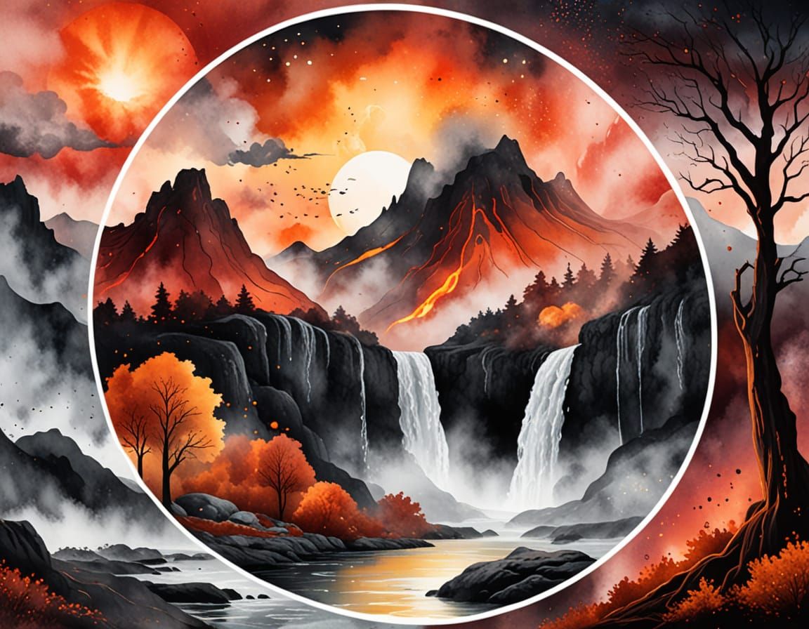 Nebula Sky: Magma Waterfall in Watercolor Circle