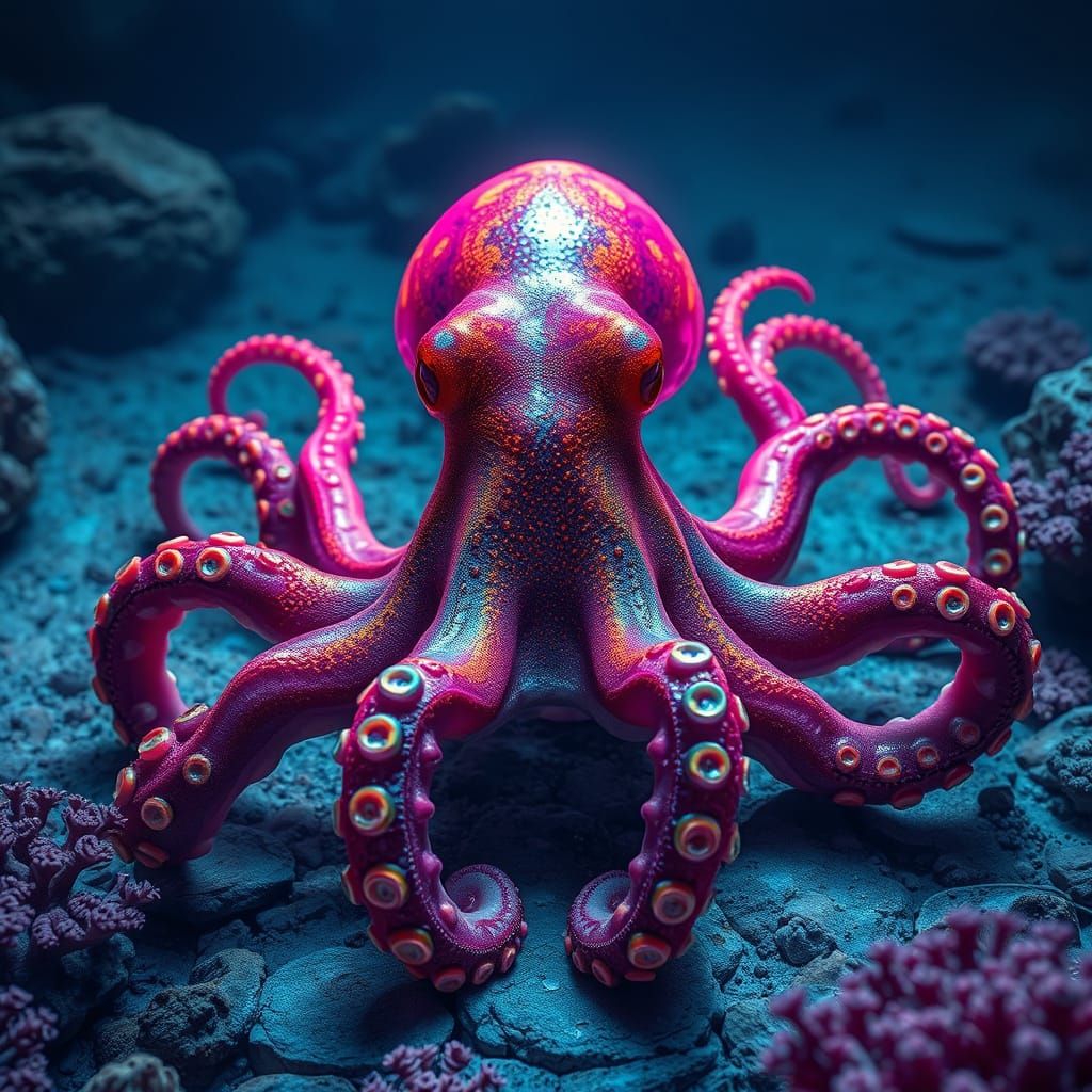 Neon Octopus in Coral Reef: A Futuristic Vision