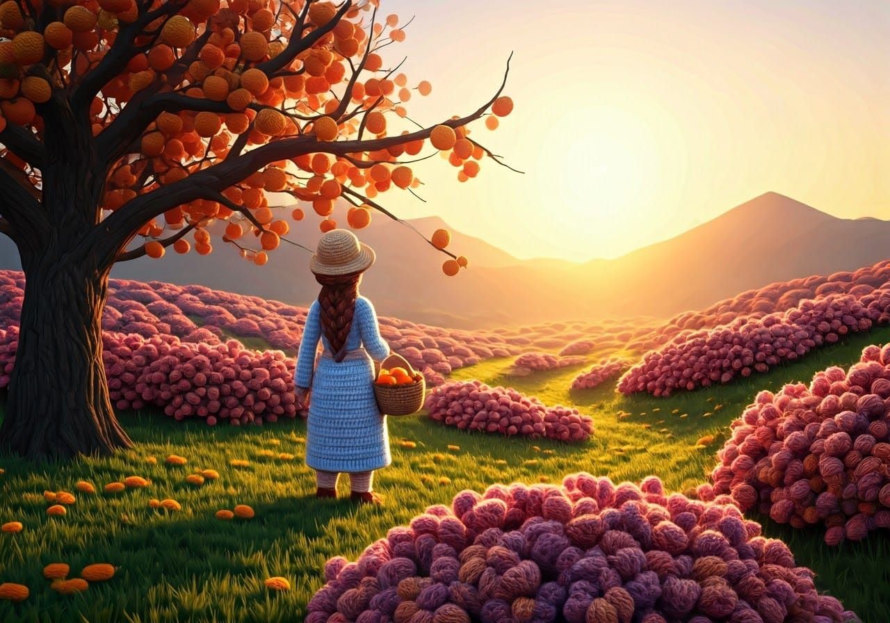Knitted Wool Landscape with Woman Picking Persimmons
