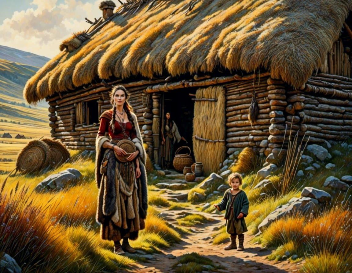 Neolithic Mother and Child in Atmospheric Landscape