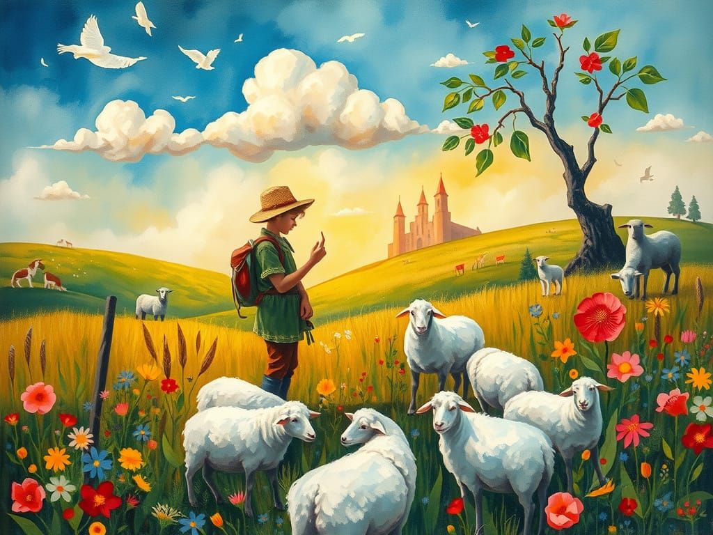 Whimsical Shepherd in a Lush Meadow