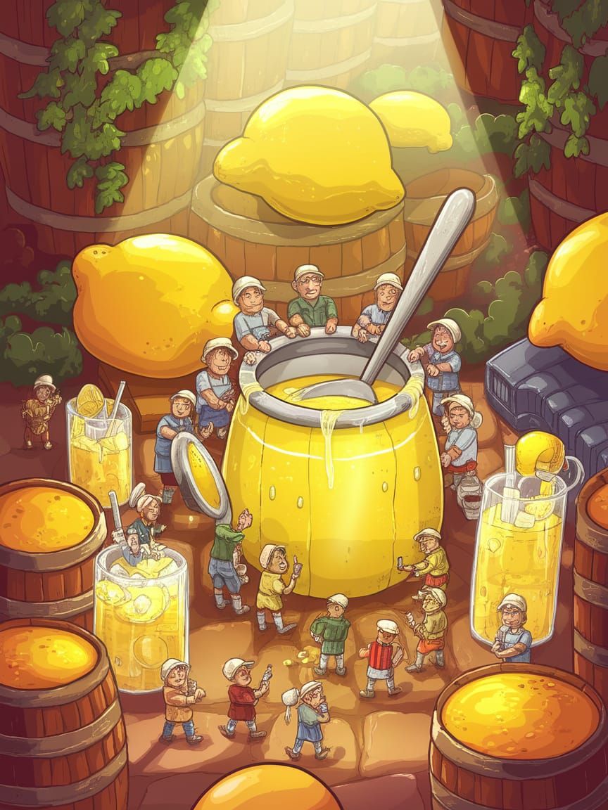 Whimsical Illustration of Tiny Workers in a Lemonade Paradis...