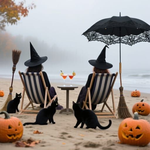 Witches Relaxing on Beach with Cocktails and Cats