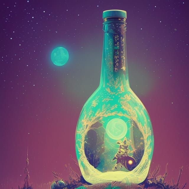Moonlit Starry Night in a Bottle Illustration