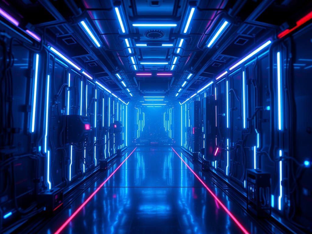 a dark room filled with lots of blue lights