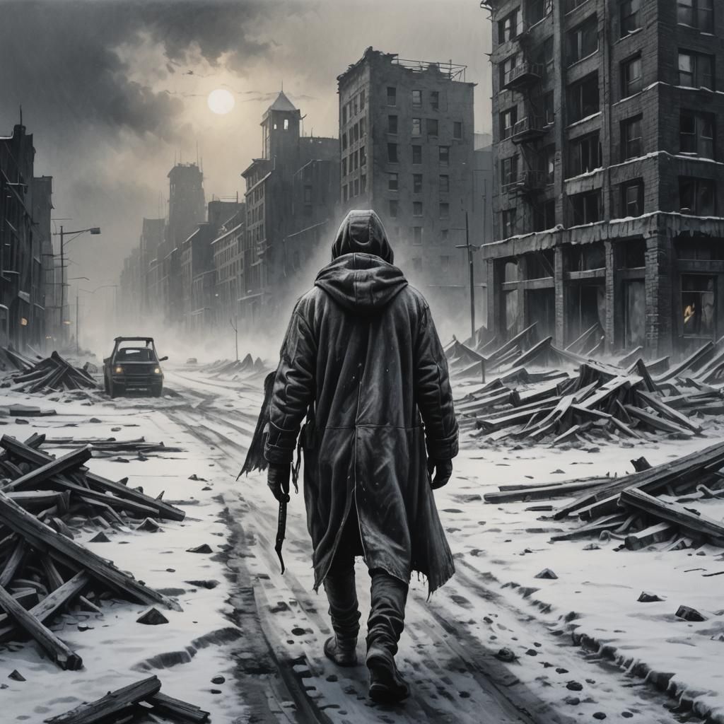 Gritty Charcoal Portrait of a Survivor in a Frozen Wasteland