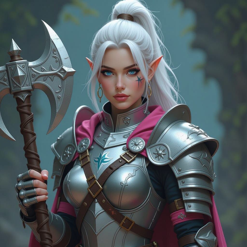 Surreal Fantasy Paladin in Silver and Pink Armor