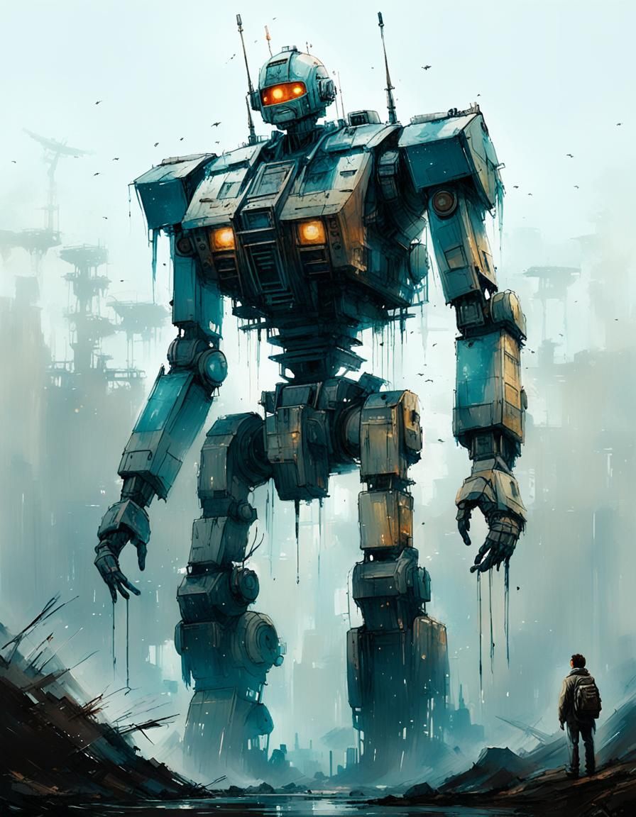 Giant Robot on Foggy Planet: Hyperrealistic Cinematic Art