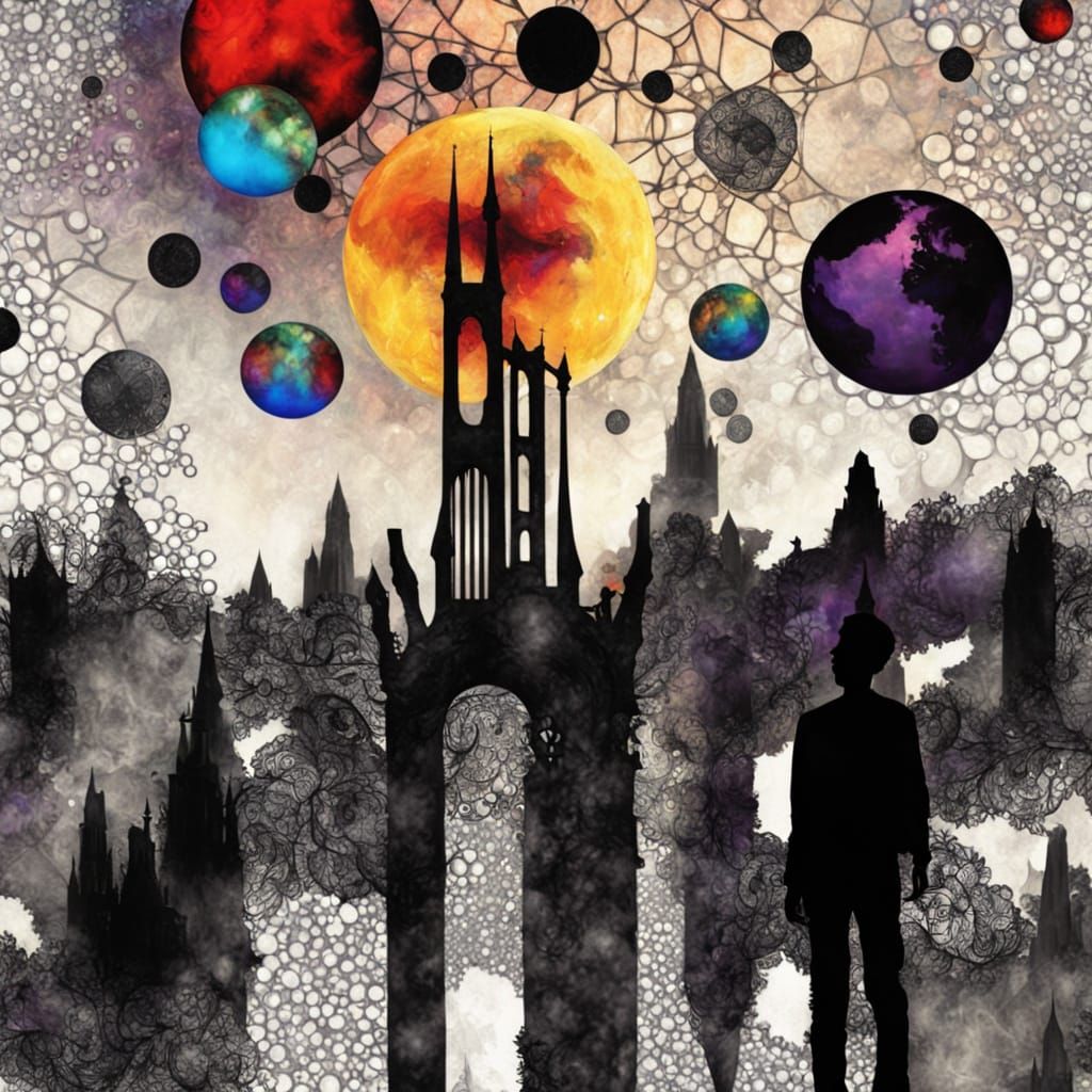 picture a lone   punk plaid clad goth guy angel standing knee-deep in a crystal-clear river, blowing iridescent bubbles ...