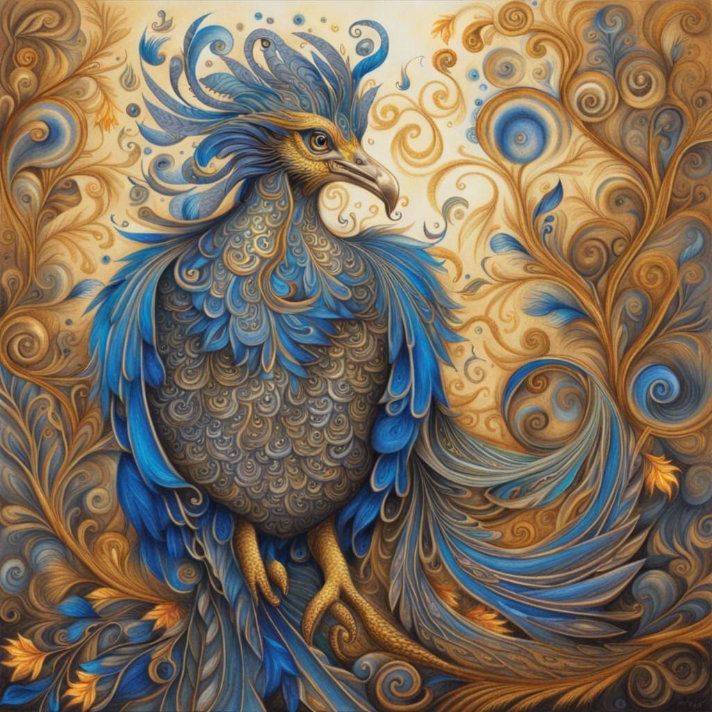 Golden Phoenix with Blue Swirls Charcoal Drawing