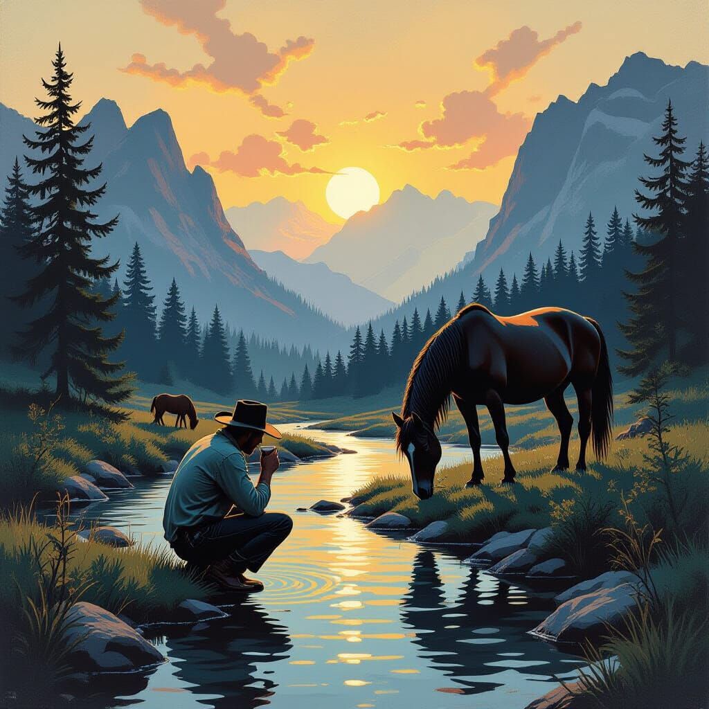 Cowboy Drinks from Mountain Stream at Sunset in Pulp Art Sty...