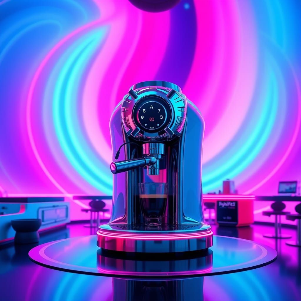 Neon-Lit Coffee Shop Interior in Futuristic Style