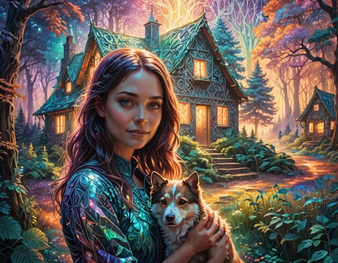 Young Woman and Dog: Cosmic Holographic Illustration