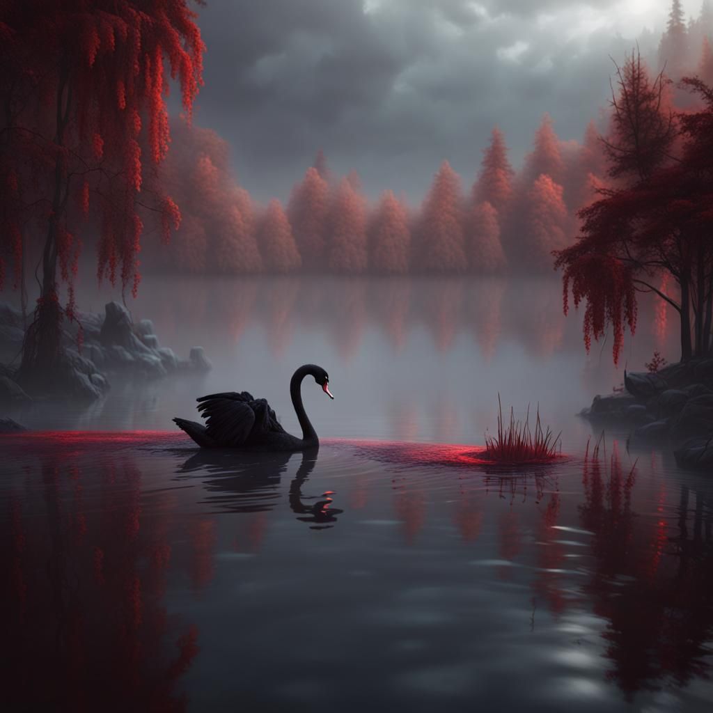 Black Swan in Misty Lake with Blood