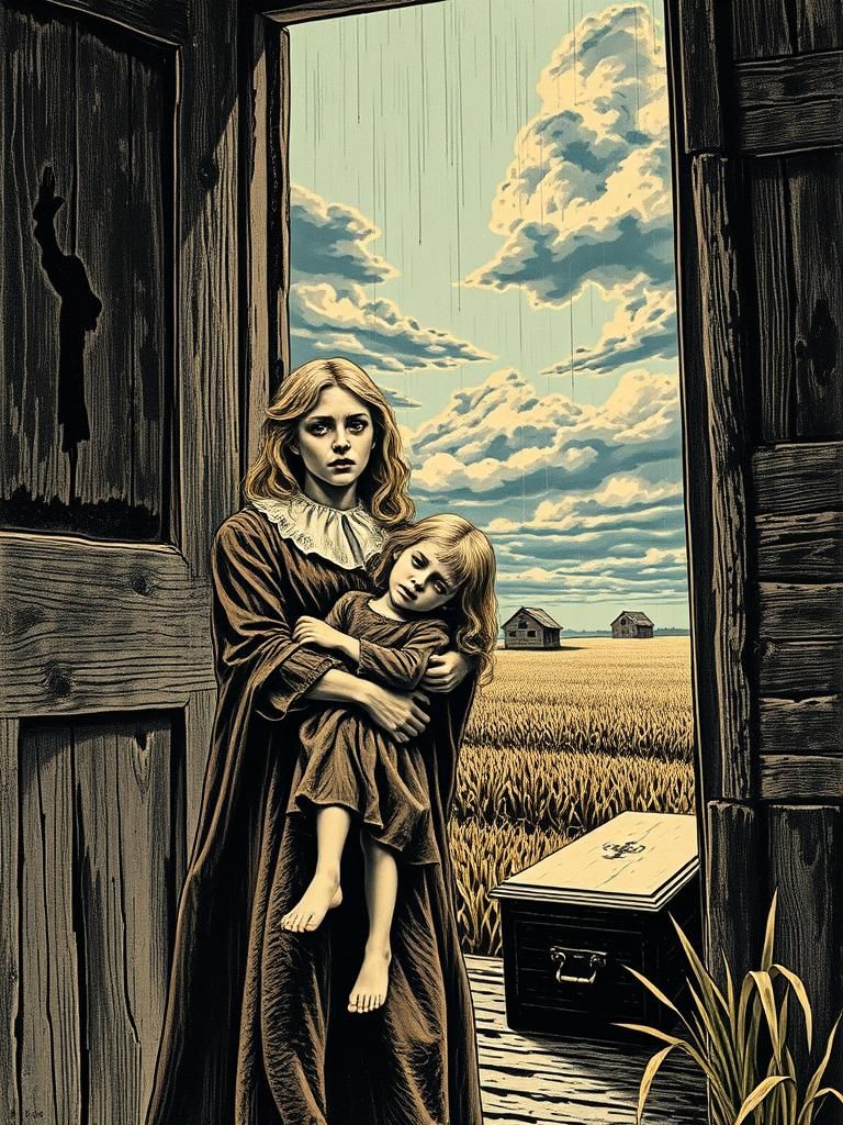 Mother and daughter in the doorway of a farmhouse