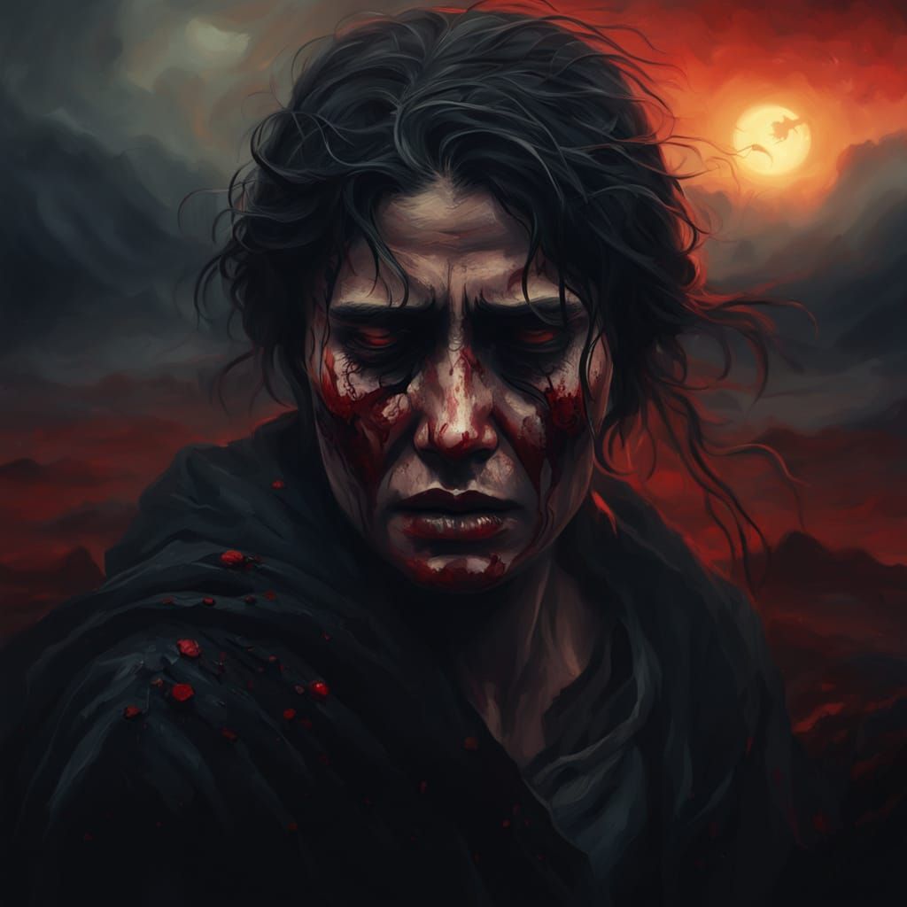 Desolate Woman in Dark Fantasy Landscape