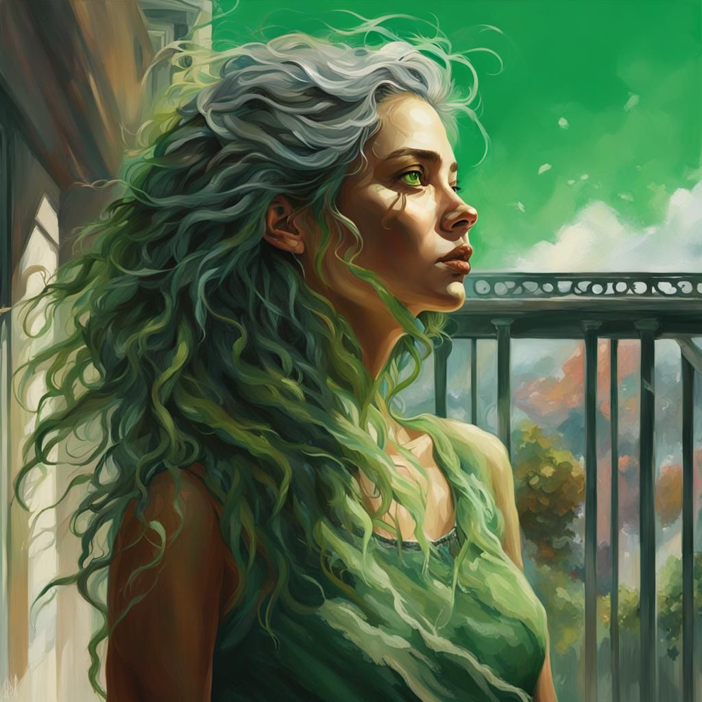 Green Dreamer on Balcony: Hyperrealistic Splash Art