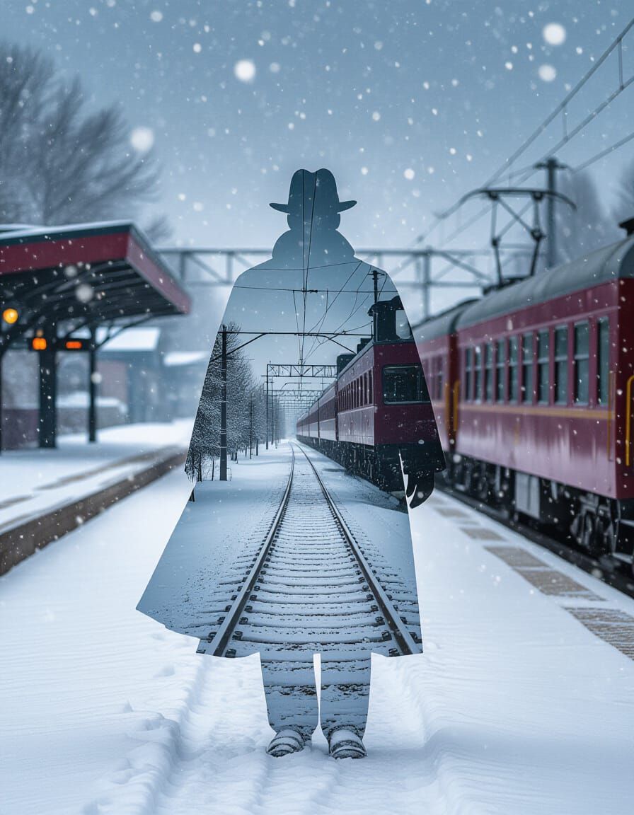 Vintage Train Conductor Silhouette in Snowy Winter Scene